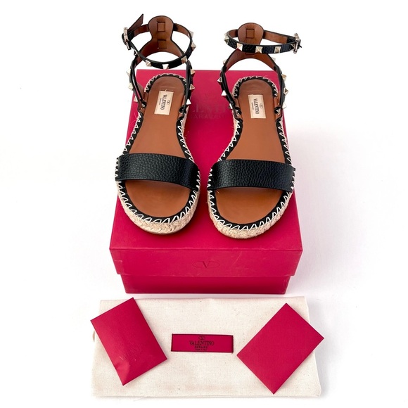 VALENTINO GARAVANI | Black Leather Rockstud Ankle Wrap Flat Espadrille Sandals 8 - Picture 2 of 13